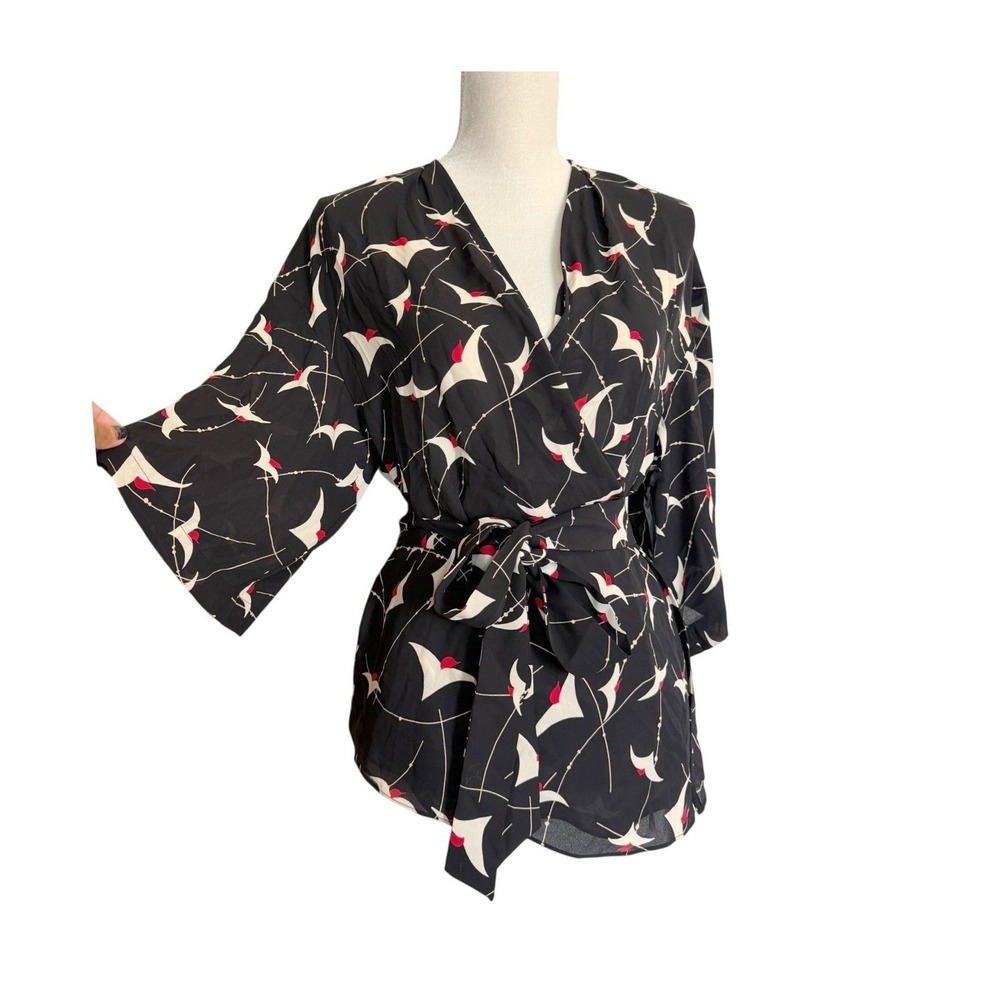 NWT Trouvé Womens S Black Bird Print True Wrap Blouse Kimono Sleeve Workwear